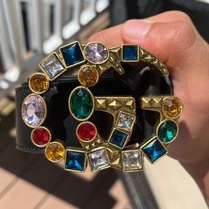 GG Gucci black leather belt with stones ladies size 90 36